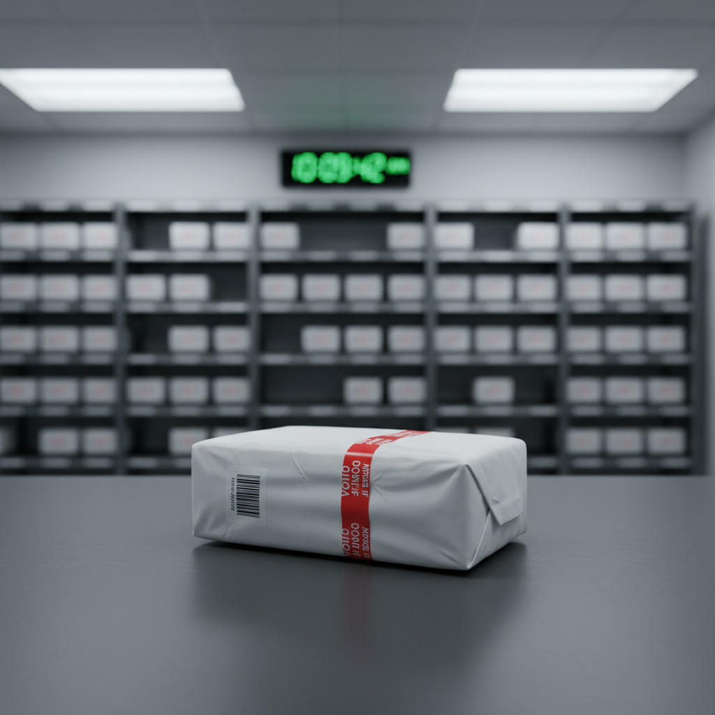 A close-up, photographic image of a compact, sealed medical parcel resting on a smooth, dark grey workstation surface inside a courier operations hub. The box is wrapped in pristine white material with a tamper-evident seal, discrete barcode label, and no visible text, conveying privacy and confidentiality. In the softly blurred background, organized shelving holds other small, uniformly packaged parcels and a digital wall clock, suggesting precise timing and reliable handling. Cool, diffused overhead lighting creates minimal glare and crisp details, enhancing a professional atmosphere. The camera is positioned at table height with a shallow depth of field, focusing sharply on the parcel’s edges and textures, reinforcing the idea of sensitive, carefully managed deliveries.
