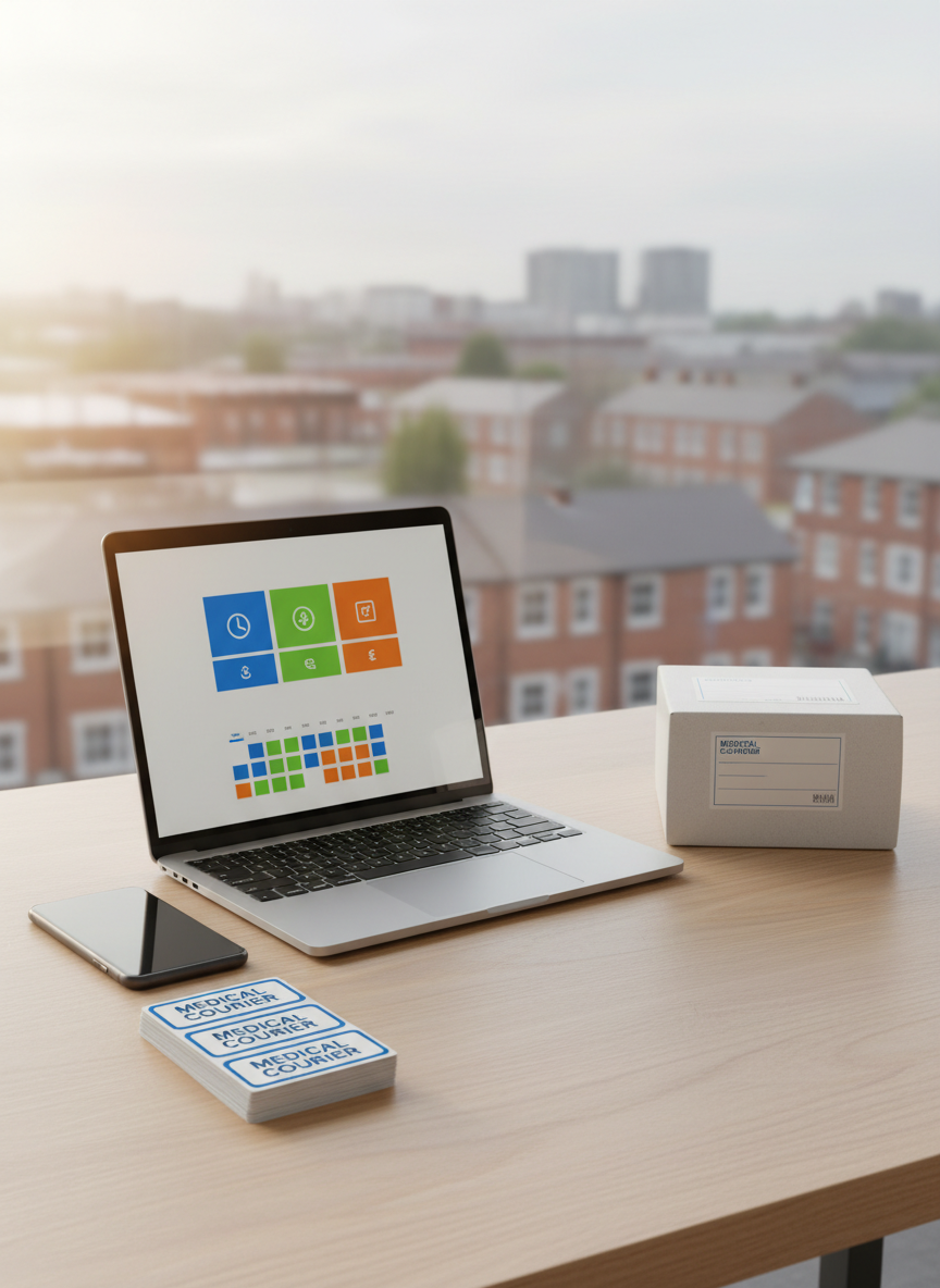 An organized medical courier dispatch desk featuring a slim laptop displaying a generic booking interface with colored blocks and icons instead of readable text, symbolizing online booking and transparent rates. Beside the laptop, a smartphone, a small stack of neatly labeled barcode stickers, and a compact, sealed white parcel rest on a light wood desktop. The background shows a softly blurred window hinting at a Midlands town skyline with low buildings and gentle greenery. Natural daylight streams in from the side, mixing with soft overhead light to create a bright yet calm workspace. Shot from a slightly elevated angle in photographic realism, the composition emphasizes efficiency, clarity, and digital convenience while maintaining a professional, trustworthy mood.
