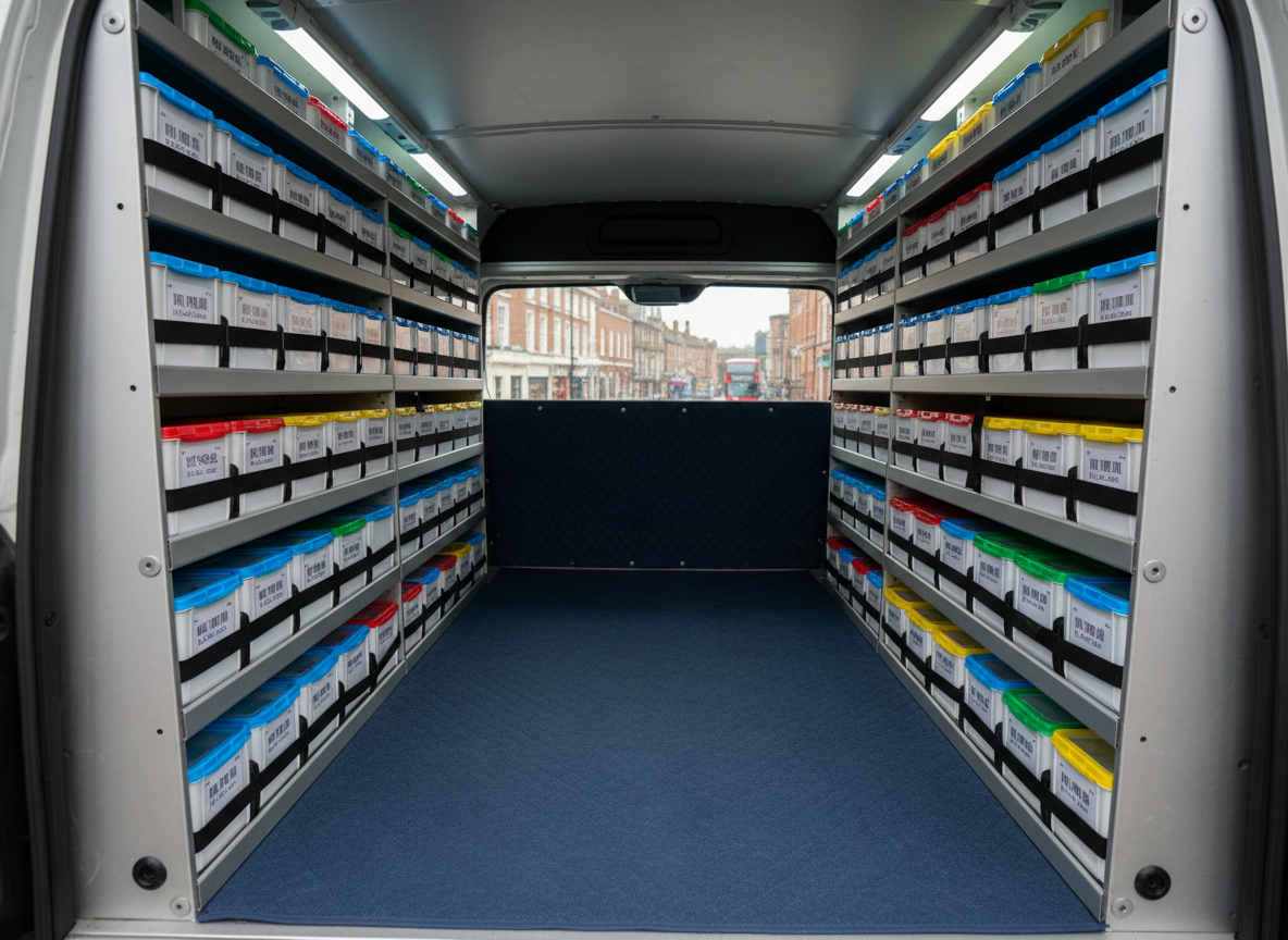 The interior cargo area of a medical courier vehicle, captured in photographic realism, showing a meticulously organized space designed for small, sensitive parcels. Custom shelving holds rows of compact, uniformly sized white containers with color-coded lids and subtle barcoded labels, all secured with straps to prevent movement. A soft, padded floor and side panels emphasize careful, reliable handling. Cool LED strip lighting along the ceiling evenly illuminates the scene, casting gentle, controlled shadows and revealing every texture. The composition uses a centered, slightly wide-angle view from the rear doors, open to a glimpse of an overcast Midlands street outside, creating a sense of readiness, control, and professional precision.