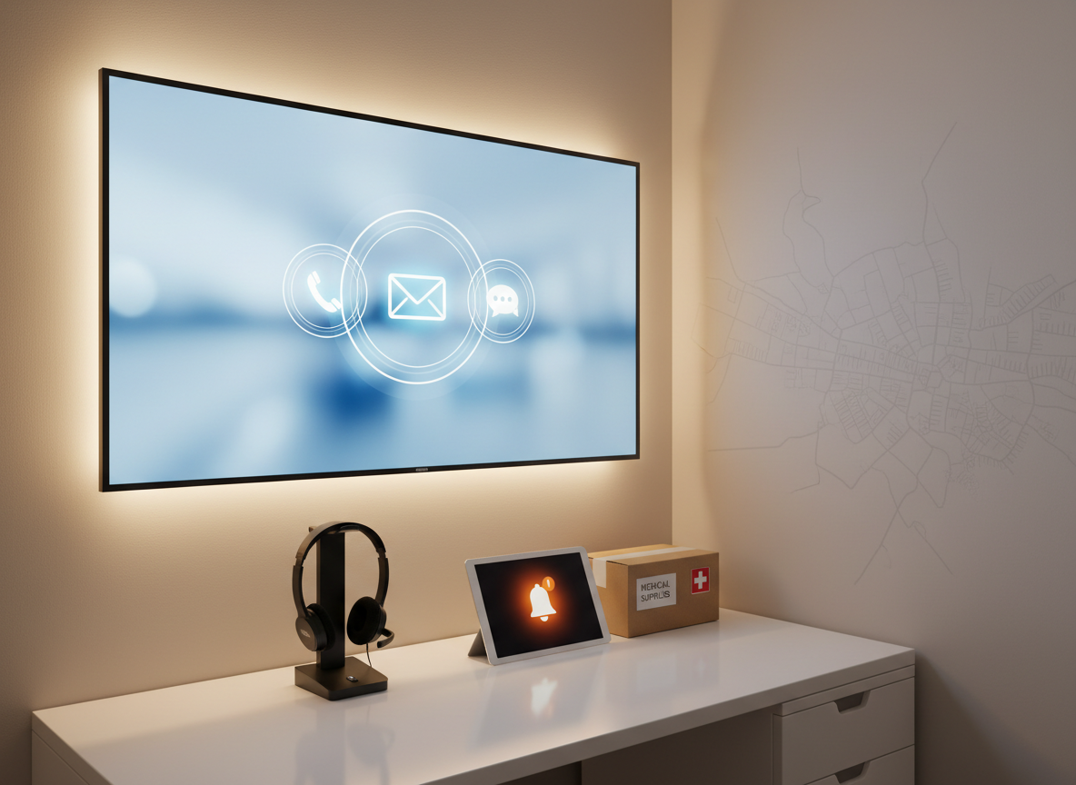A modern, minimalist contact and support corner inside a logistics office, designed to visually represent accessibility of contact information and customer support. A large, wall-mounted digital screen shows abstract, blurred interface elements resembling a dashboard with icons for phone, email, and chat, without legible text. On the sleek white desk below, a high-quality headset, a small sealed medical parcel, and a tablet with a glowing notification icon are arranged with deliberate order. Soft, neutral-toned walls and a faint outline of a Midlands urban map in the background add regional context. Warm, diffused artificial lighting creates a welcoming yet professional mood. Photographed at eye level with a balanced composition and sharp focus, the image feels clean, efficient, and trustworthy.