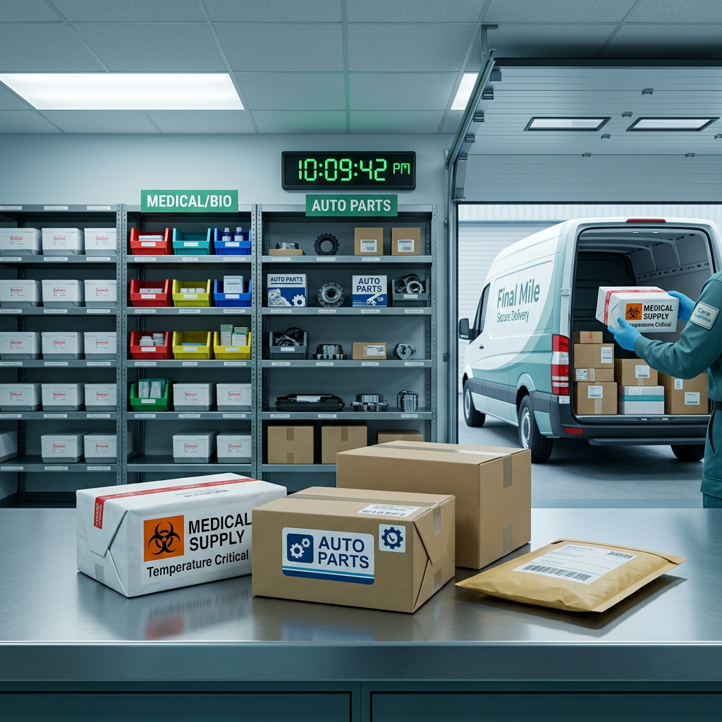 medical courier A close-up, photographic image of a compact, sealed medical parcel resting on a smooth, dark grey workstation surface inside a courier operations hub. The box is wrapped in pristine white material with a tamper-evident seal, discrete barcode label, and no visible text, conveying privacy and confidentiality. In the softly blurred background, organized shelving holds other small, uniformly packaged parcels and a digital wall clock, suggesting precise timing and reliable handling. Cool, diffused overhead lighting creates minimal glare and crisp details, enhancing a professional atmosphere. The camera is positioned at table height with a shallow depth of field, focusing sharply on the parcel’s edges and textures, reinforcing the idea of sensitive, carefully managed deliveries.
